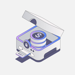 Isometric secure vault with coins, lock icon, and card input in soft gradient tones.