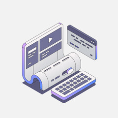 Isometric 3D workspace with curved screen, floating UI, and gradient keyboard.