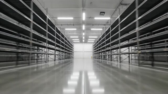 Empty warehouse interior with l shelves and polished concrete floor, illuminated by bright ceiling lights.