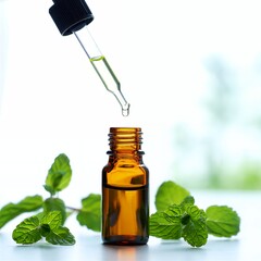 Mint essential oil drops falling into amber bottle with fresh leaves