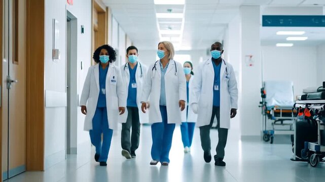 Diverse group of doctors and nurses walking confidently in a bright hospital corridor, wearing medical masks