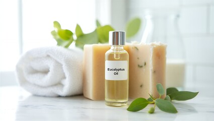 Eucalyptus oil and soap bars with fresh green leaves on white marble
