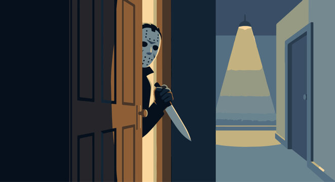 Slasher Behind Doorway
A flat vector illustration of a slasher partially visible behind a doorway. Only the mask and hand holding a blade are seen. Interior hallway background. 