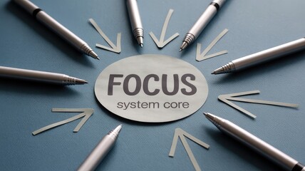 Silver pens and cut out arrows pointing towards a central FOCUS system core message on a blue background symbolizing strategy and organization
