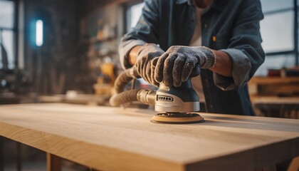Skilled carpenter precisely sanding a wooden board in a sunlit workshop, showcasing meticulous craftsmanship, for woodworking, DIY enthusiasts and furniture design.