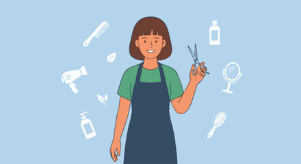 Friendly Hair Stylist Portrait
A flat vector illustration of a friendly hair stylist smiling confidently, wearing an apron and holding scissors. Simple background with beauty icons. 