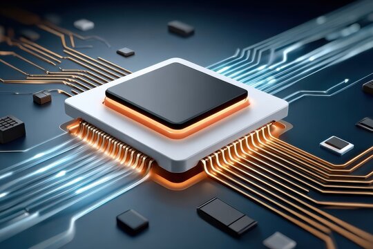 Close-up of a microprocessor with flowing data on a circuit board and fingertip touch - Powered by Adobe