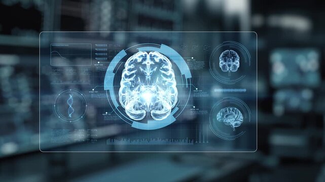 Close up of robotic hand and human shaking hand with brain hologram. AI and human working together or making agreement with brain holographic floating with blurring laboratory. Teamwork. Salubrious.