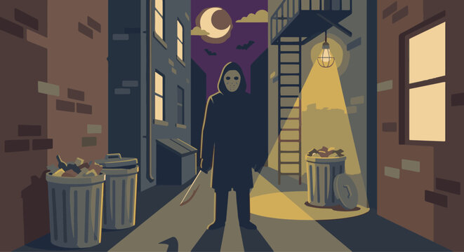  Slasher Urban Alley Scene
A flat vector illustration of a slasher standing in an empty urban alley. Walls, trash bins, and light reflections simplified. Flat vector style, suspense without violence