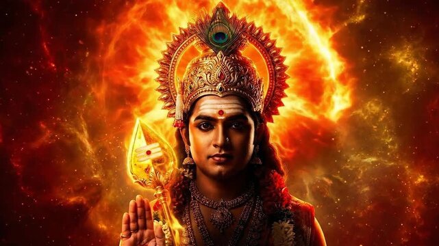 Lord murugan holding the golden vel is dramatically portrayed in a fiery digital painting, symbolizing the power of thaipoosam.