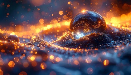 A shimmering, iridescent sphere rests on a textured surface, bathed in warm, luminous light and surrounded by sparkling particles