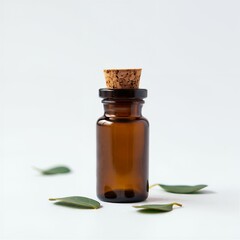 Amber glass bottle with cork stopper and scattered green leaves