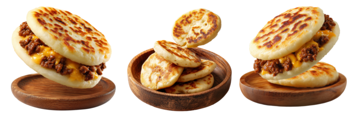 Grilled arepas plain sandwich filled with melted cheese and ground beef isolated on white background, concept of Latin street food