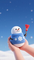 3D Rendered Cute Cartoon Figure in a Blue Snowflake-Patterned Sweater Holding a Mini Snowman, Festive Winter or Christmas Illustration