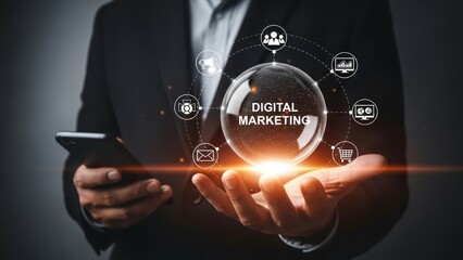 Person in a business suit holding a smartphone with a glowing digital marketing graphic overlay