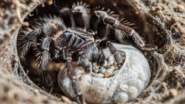 Tarantula spider guarding its egg sac inside a burrow, close up view.