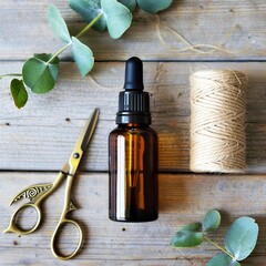 Natural health and wellness products on rustic wooden background