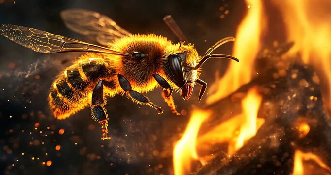 A close-up of a bee hovering near a blazing fire, showcasing its detailed features and vibrant colors