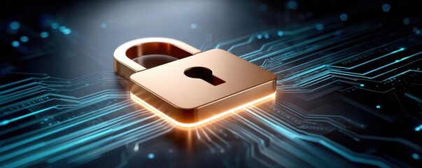 Gold padlock over a digital circuit board symbolizing data security and protection