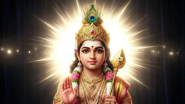 The radiant golden lord murugan, holding the sacred vel, is digitally depicted with a glowing starburst aura.