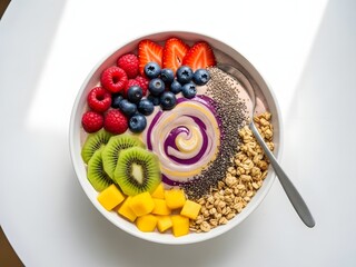 Top View of Healthy Berry Smoothie Bowl with Fresh Fruits, Granola, and Chia Seeds on White Table with Copy Space for Nutritious Breakfast Concept