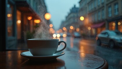 Hot cup of coffee rests on a wet table. Steaming beverage sits on saucer by cafe window with blurred city street in rain. Cozy atmosphere indoors with bokeh lights outside.