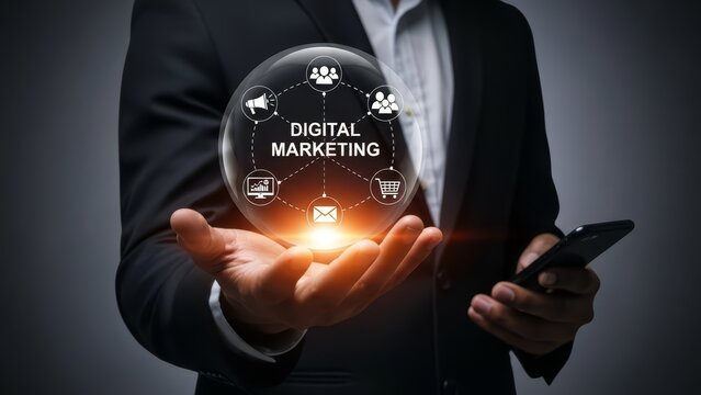Professional businessman holding a smartphone while presenting digital marketing concepts with a glowing globe - Powered by Adobe