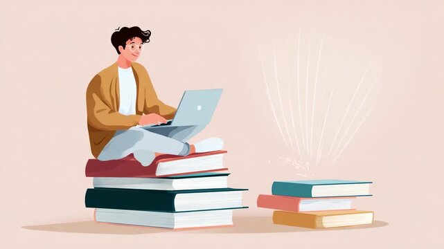 A young boy immersed in studying while sitting on a stack of books, engaged with his laptop, representing the pursuit of knowledge and the joy of learning.
