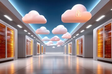 Futuristic data center corridor with colorful server bays, holographic clouds, and a security padlock motif