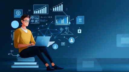 A young man in a yellow sweater sits on books, working on a laptop with vibrant blue digital graphics and data visualization elements in the background. - Powered by Adobe