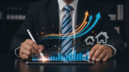 Businessman in a suit uses a digital tablet to analyze growth data represented by colorful arrow graphs