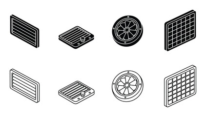 Isometric ventilation grilles and fan components, black and white drawing