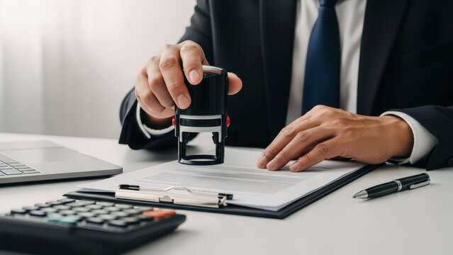 Man in a business suit demonstrating a stamp on a document in an office setting