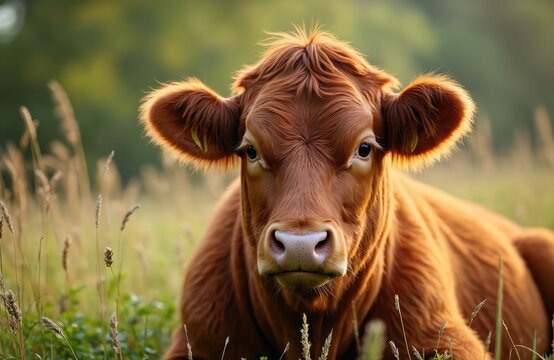 Red angus cow rests in green grassy meadow during sunset golden hour. Bovine looks directly at camera. Peaceful rural farm scene with soft light illuminating animal.