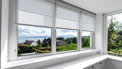 Room interior with a row of three window frames, each with lowered white shades, offering a scenic view