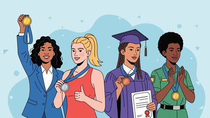 Diverse group of women celebrating achievements and success.