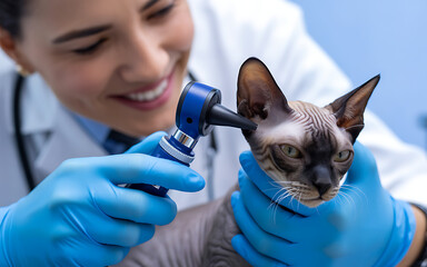 Smiling female veterinarian in blue gloves carefully examines the ear of a Sphynx cat with an otoscope