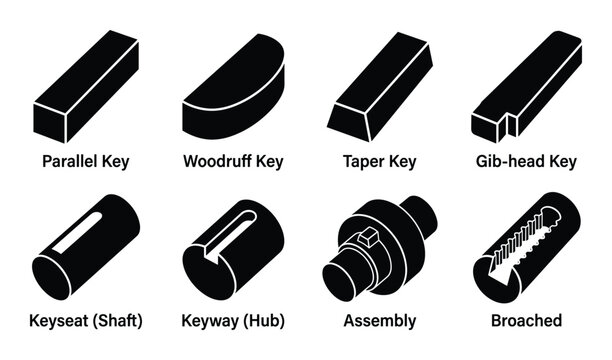 Key Types: Parallel, Woodruff, Taper, Gib-head Keys, Keyseat Shaft, Hub, Assembly and Broached. Machine element vector illustration