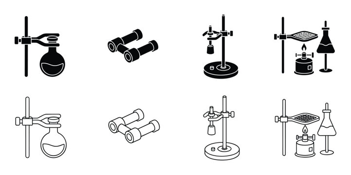 Lab Equipment Outline Illustrations, Chemistry Glassware, Flasks, Stands, Bunsen Burner
