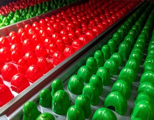 Rows of brightly colored, glossy confections are neatly arranged in trays, showcasing vibrant red and green hues, in an overhead view