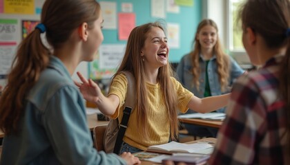 Teens in classroom laugh during drama rehearsal. Students engage actively in learning, practice performance skills, and collaborate in a fun educational setting. Teacher guides class activity.