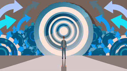A man in a suit stands facing a large blue and white circular tunnel with arrows on either side on a grey road with business and concept and direction