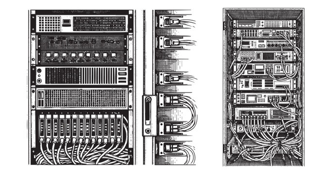 Server rack engraving illustration for data center corporate branding