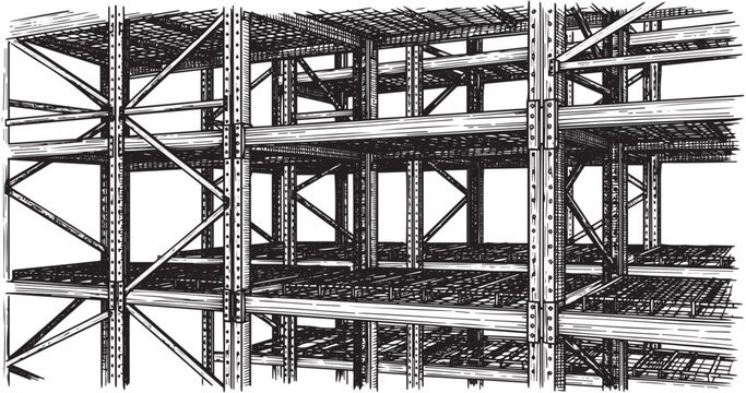 Warehouse racking system engraving illustration for logistics branding