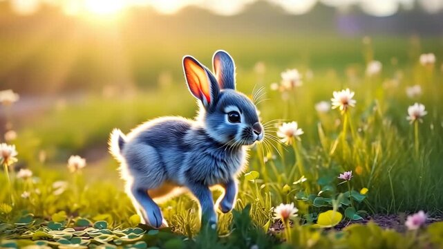 Cute baby bunny hopping through vibrant spring meadow with wildflowers and green grass in golden