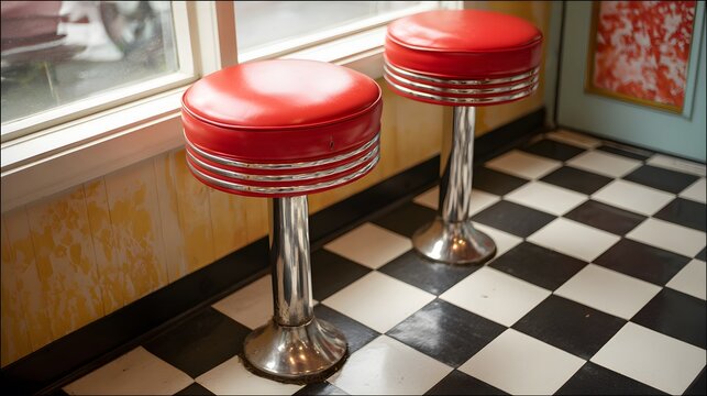 33. Cozy corner of a vintage diner, red cushioned stools, classic checkered floor pattern