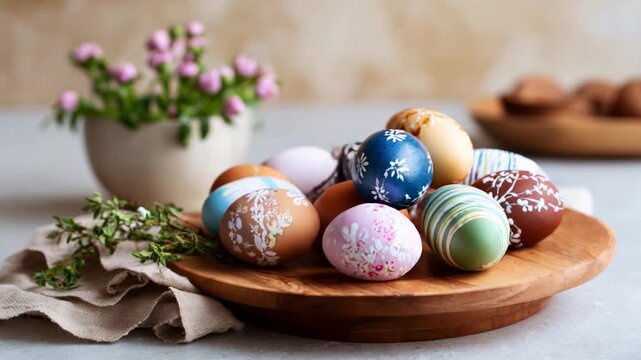 Colorful and Artistic Hand-Painted Easter Eggs on Wooden Plate Surrounded by Fresh Herbs and Delicate Floral Arrangements in Bright, Natural Light