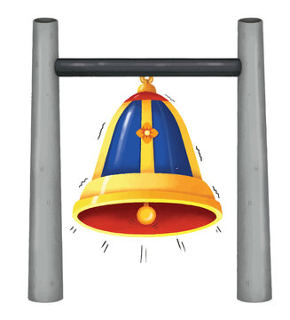 3D illustration of an old metal bell on the road against a blue sky