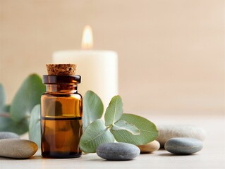 Serene ambiance with essential oil bottle and candle