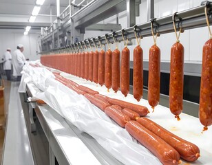 Rows of cured meat hang from an overhead track within a sterile, industrial food processing plant, alongside a conveyor